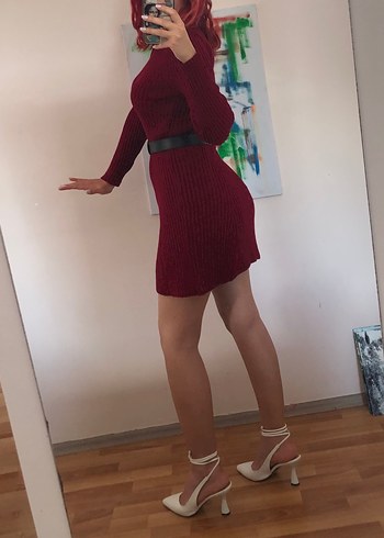 Sıfır yaka fitilli şık triko elbise - Görsel 4