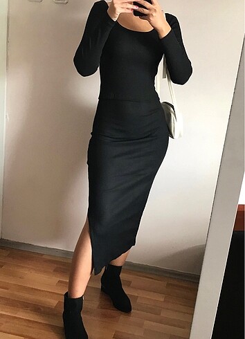 s Beden siyah Renk Fitilli yırtmaçlı uzun etek