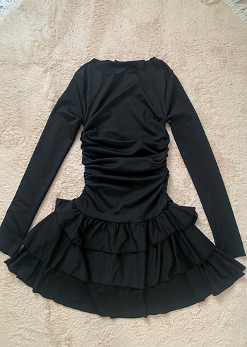 Siyah Uzun Kollu Mini fırfırlı Elbise - Görsel 5