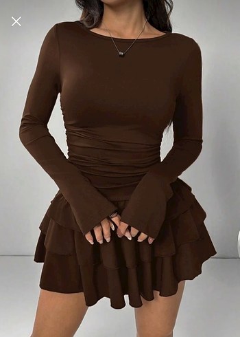 Kahverengi Uzun Kollu eteği kat kat Mini Elbise - Görsel 4