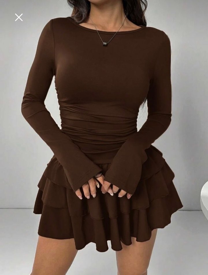 Kahverengi Uzun Kollu Mini Elbise - Görsel 3