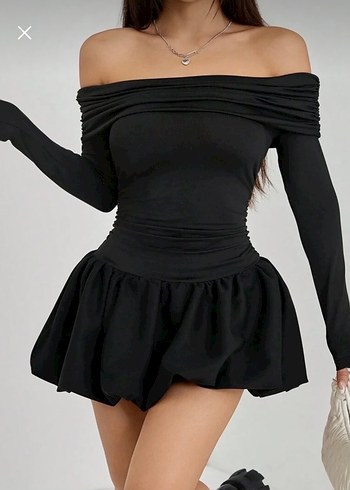 Balon etekli Madonna yaka elbise - Görsel 4