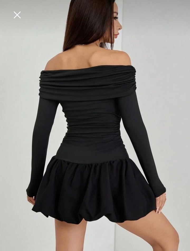 Balon etekli Madonna yaka elbise - Görsel 5