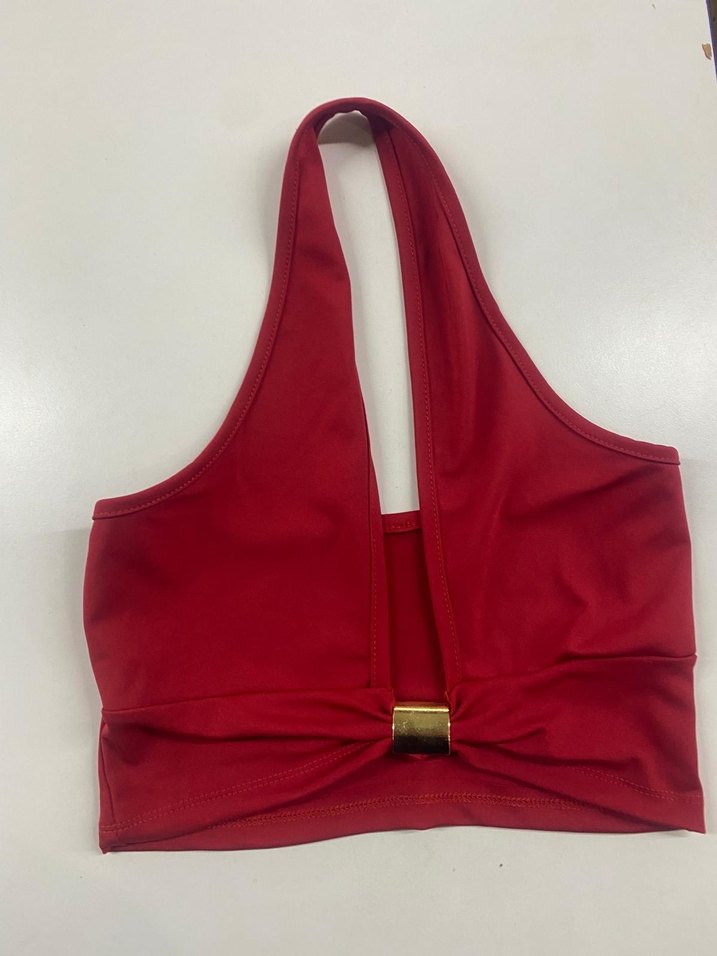 Kırmızı V Yaka Kısa Crop Top - Görsel 3