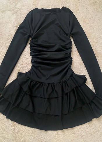 Siyah Uzun Kollu Fırfırlı Mini Elbise - Görsel 10