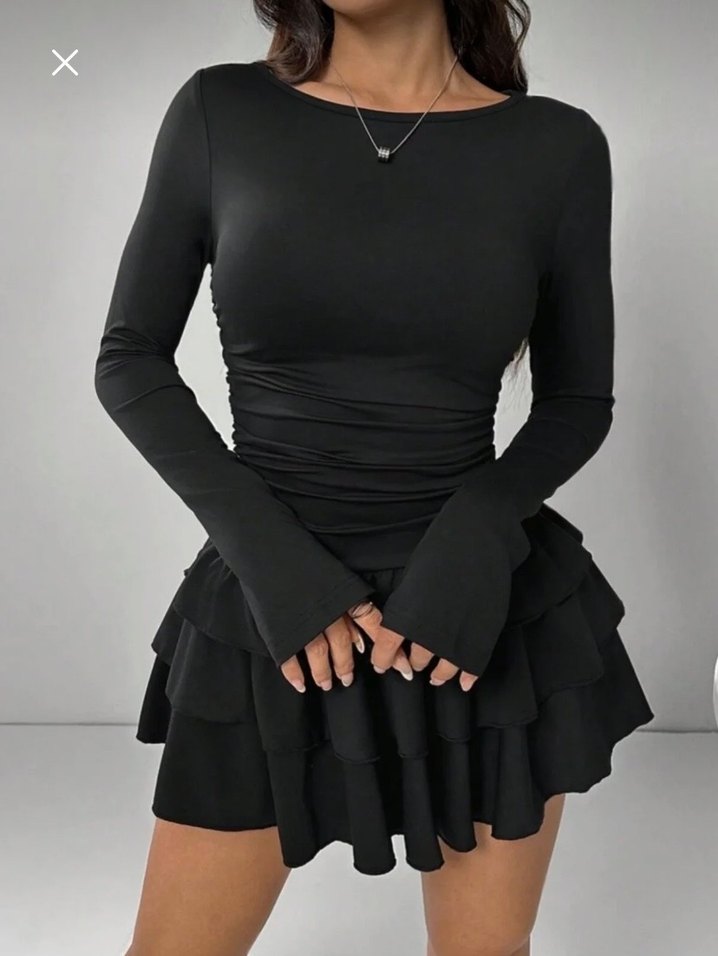 Siyah Uzun Kollu Fırfırlı Mini Elbise - Görsel 3