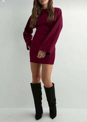 Bordo Drapeli Mini Elbise - Görsel 3
