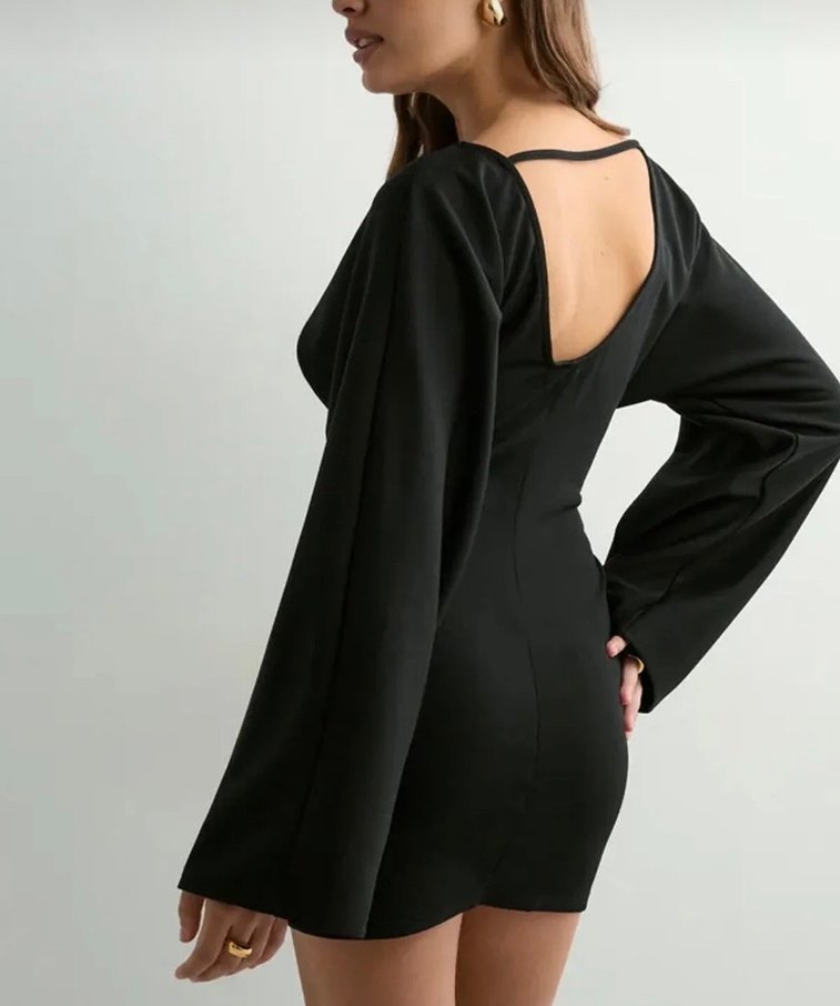 Drapeli Siyah Midi Mini Elbise - Görsel 4