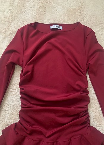 Bordo Uzun Kollu Mini Elbise - Görsel 9