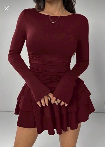 Bordo Uzun Kollu Mini Elbise - Görsel 2