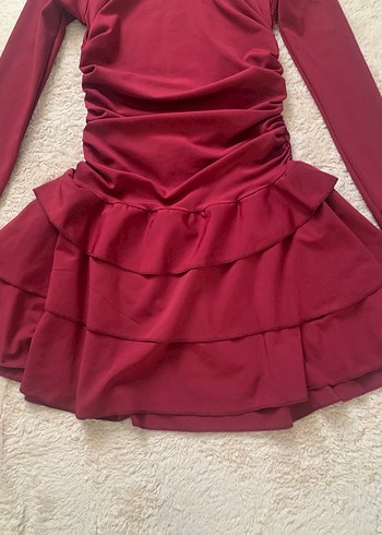 Bordo Uzun Kollu Mini Elbise - Görsel 8