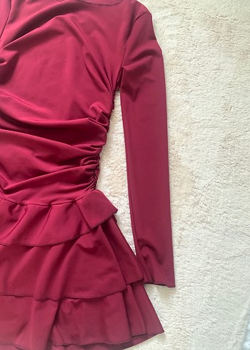 Bordo Uzun Kollu Mini Elbise - Görsel 7