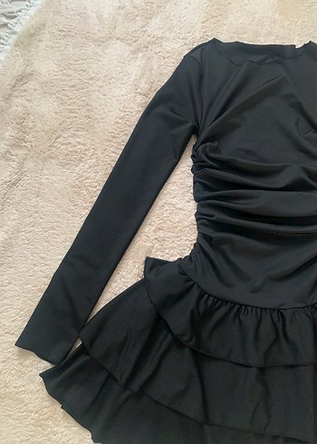Siyah Uzun Kollu Volanlı Mini Elbise - Görsel 8