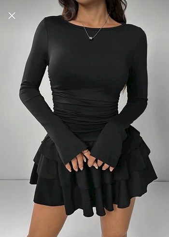 Siyah Uzun Kollu Volanlı Mini Elbise - Görsel 3