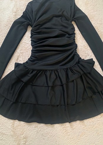 Uzun Kollu Fırfırlı Siyah Mini Elbise - Görsel 9