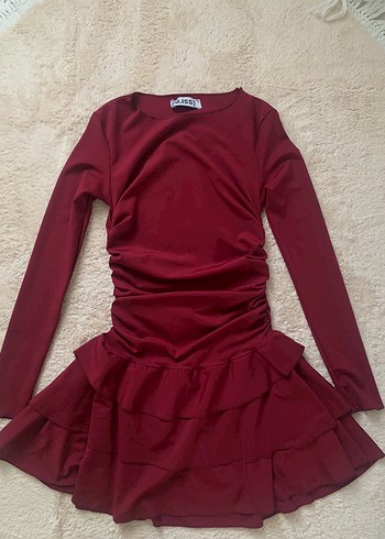 Bordo Uzun Kollu Mini Elbise - Görsel 6