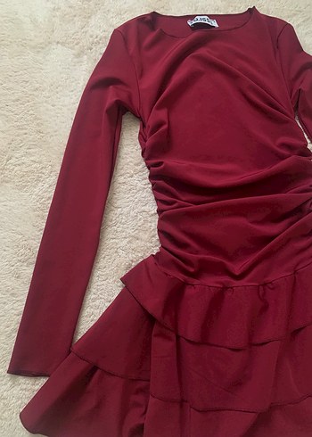 Bordo Uzun Kollu Mini Elbise - Görsel 7