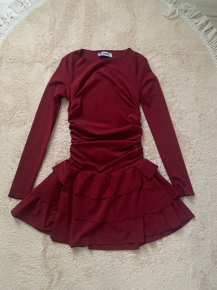 Bordo Uzun Kollu Mini Elbise - Görsel 5