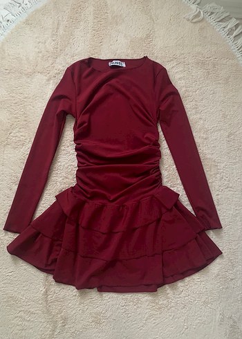 Bordo Uzun Kollu Mini Elbise - Görsel 5