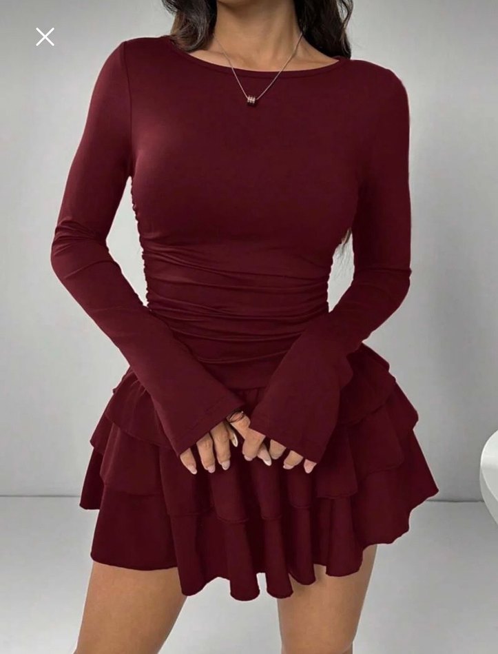 Bordo Uzun Kollu Mini Elbise - Görsel 2