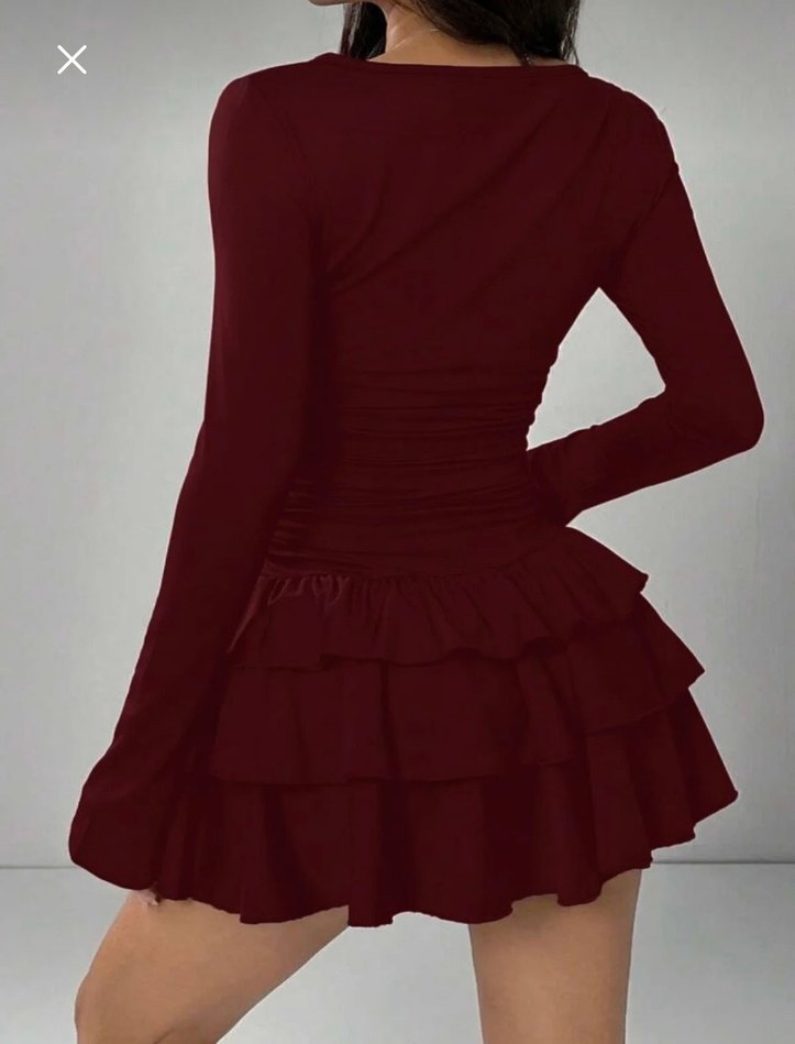 Bordo Uzun Kollu Mini Elbise - Görsel 4