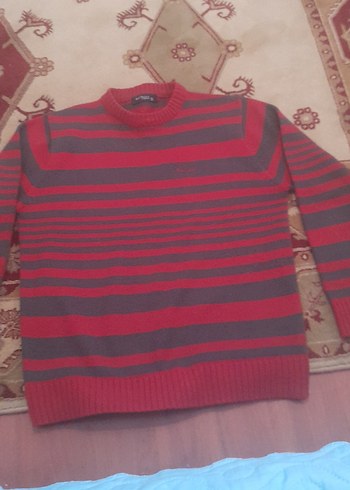 Kırmızı Gri Çizgili Erkek Yün Kazak - Görsel 3