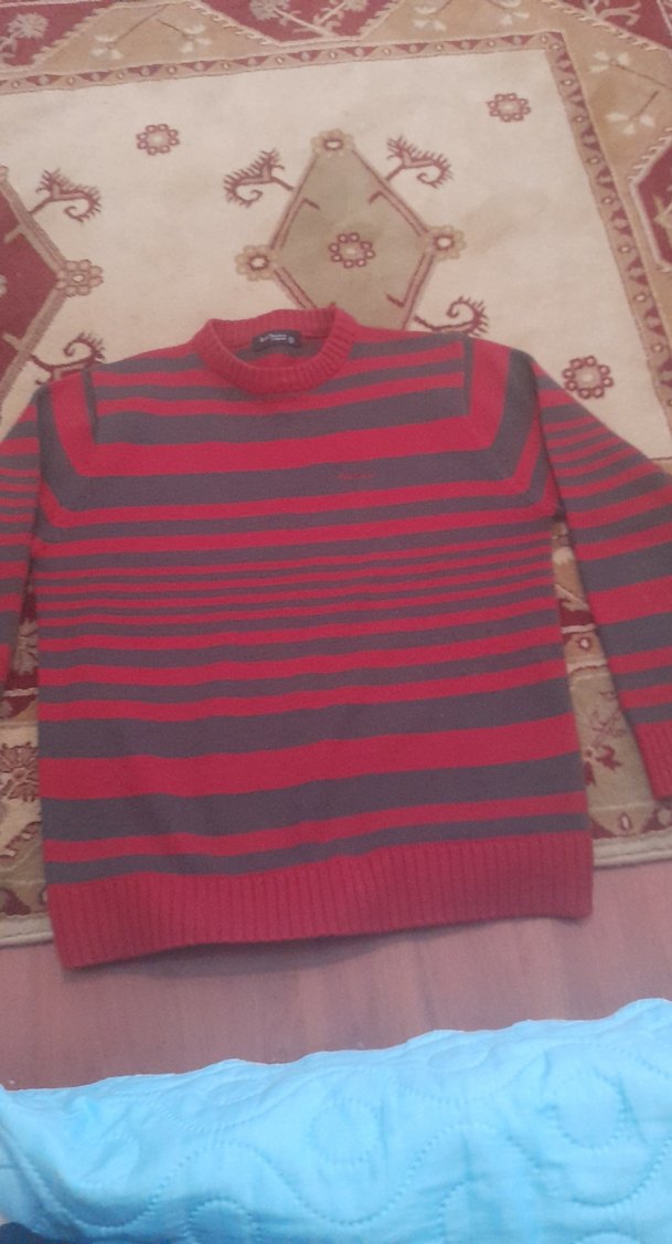 Kırmızı Gri Çizgili Erkek Yün Kazak - Görsel 3