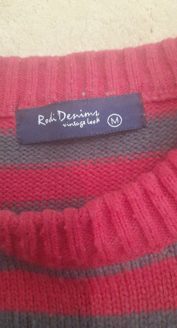 Kırmızı Gri Çizgili Erkek Yün Kazak - Görsel 2