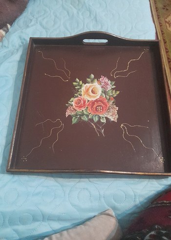 Kahverengi Çiçek Desenli Ahşap Tepsi - Görsel 3