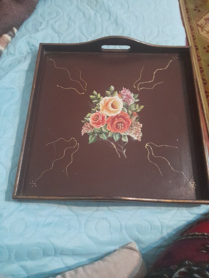 Kahverengi Çiçek Desenli Ahşap Tepsi - Görsel 3