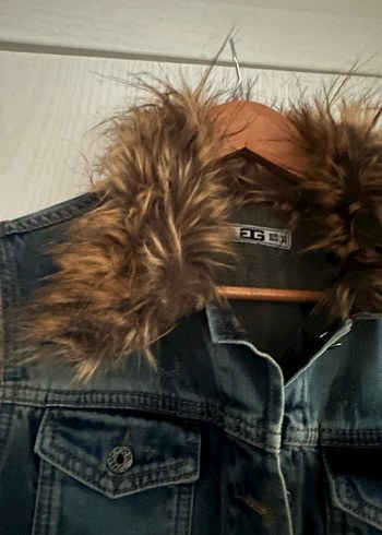 Kürklü Kolsuz Mavi Denim uzun  Ceket - Görsel 2