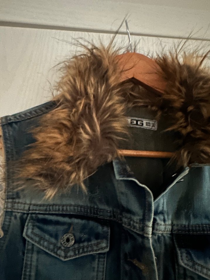 Kürklü Kolsuz Mavi Denim uzun  Ceket - Görsel 2