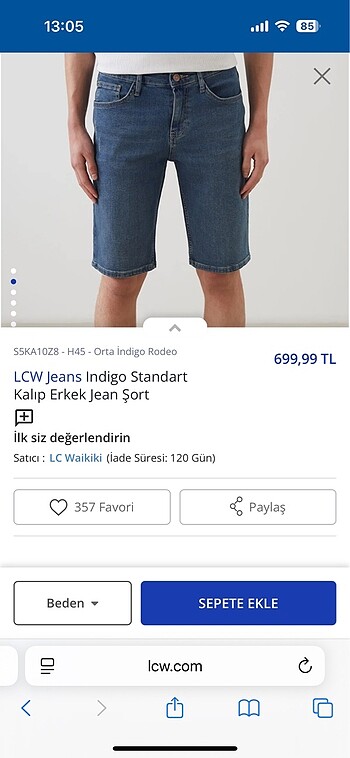 34 Beden Lcw erkek kot şort 34 beden