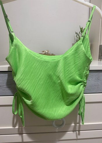 36 Beden yeşil Renk Yeşil Drapeli Saten Mini Crop Top