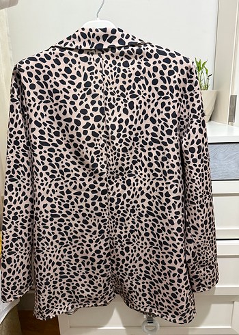 38 Beden kahverengi Renk Düğmeli Kahverengi Leopar Desenli Kadın Blazer