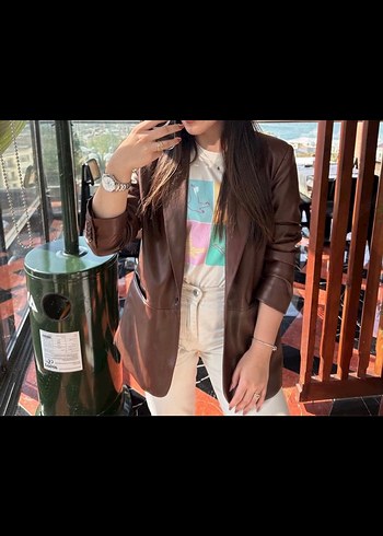 Düğmeli Kahverengi Deri Kadın Ceket - Görsel 2