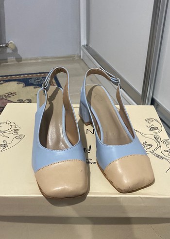 Bebe mavisi küt burunlu kadın topuklu ayakkabı vintange - Görsel 4
