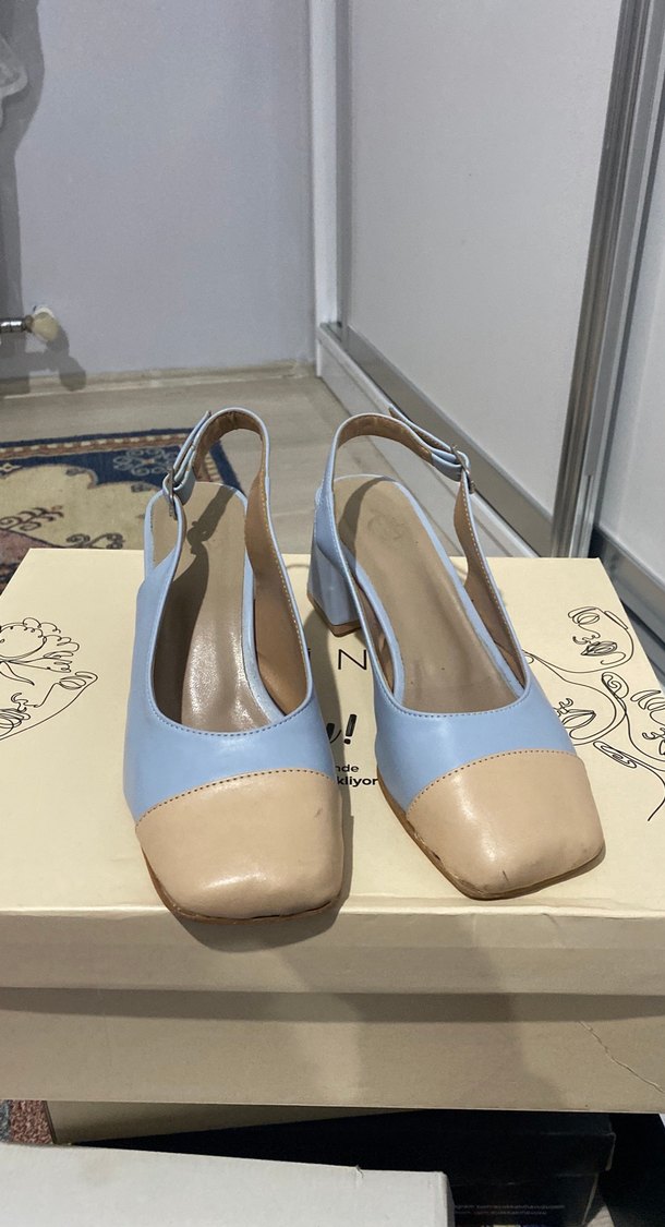 Bebe mavisi küt burunlu kadın topuklu ayakkabı vintange - Görsel 4