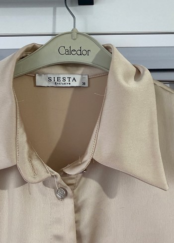 Bej Düğmeli Saten Kadın Gömlek - Görsel 3