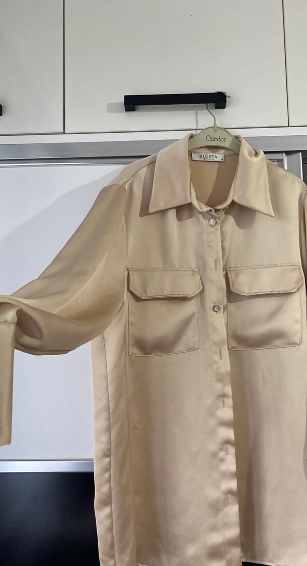 Bej Düğmeli Saten Kadın Gömlek - Görsel 2