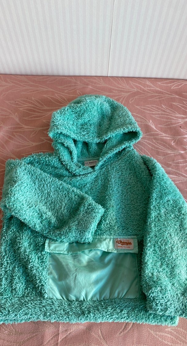 Turkuaz Kapüşonlu Kız Çocuk Polar Panço - Görsel 4