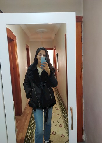 Siyah Deri kürklü şişme deri ceket kaban - Görsel 5