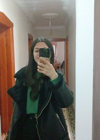 Siyah Deri kürklü şişme deri ceket kaban - Görsel 4