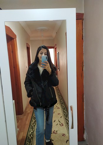 Siyah Deri kürklü şişme deri ceket kaban - Görsel 7