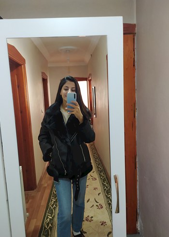 Siyah Deri kürklü şişme deri ceket kaban - Görsel 6