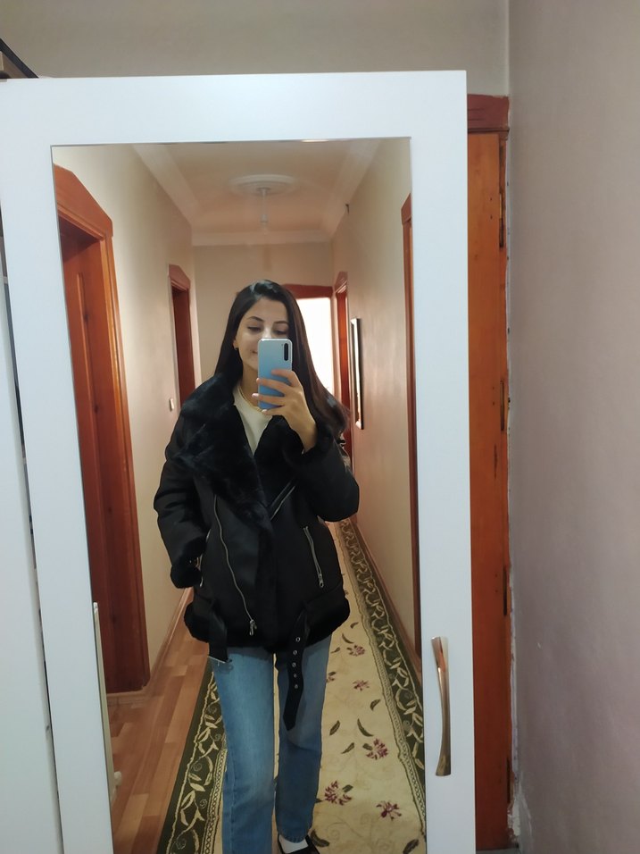 Siyah Deri kürklü şişme deri ceket kaban - Görsel 5