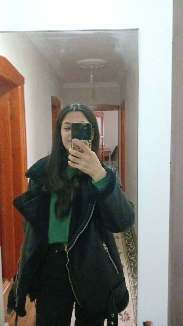 Siyah Deri kürklü şişme deri ceket kaban - Görsel 4