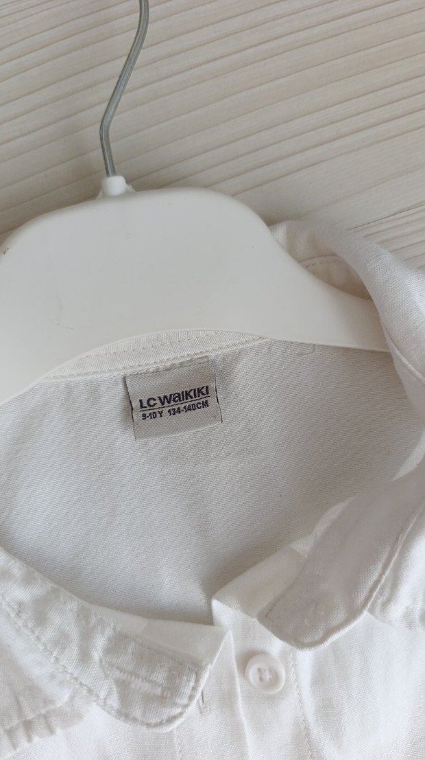 Düğmeli Beyaz Keten kız çocuk Kısa Kollu Gömlek - Görsel 3