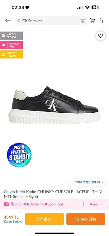 39 Beden siyah Renk Calvin Klein siyah kadın sneaker