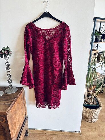 Diğer Bordo - vişne rengi güpür dantelli elbise
